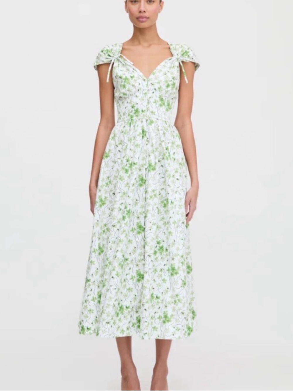 Hill House White Midi Dress with Green Floral Print and Tie Shoulders